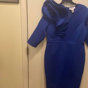 Royal blue dress with cascade detail on right shoulder